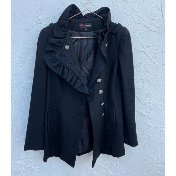 Versace Womens Long Sleeve Ruffle Collar Wool Peacoat Jacket Black Sz M - Picture 2 of 12